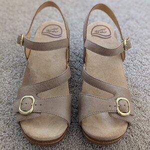 Dansko Sandal, two inch heel, tan, size 38